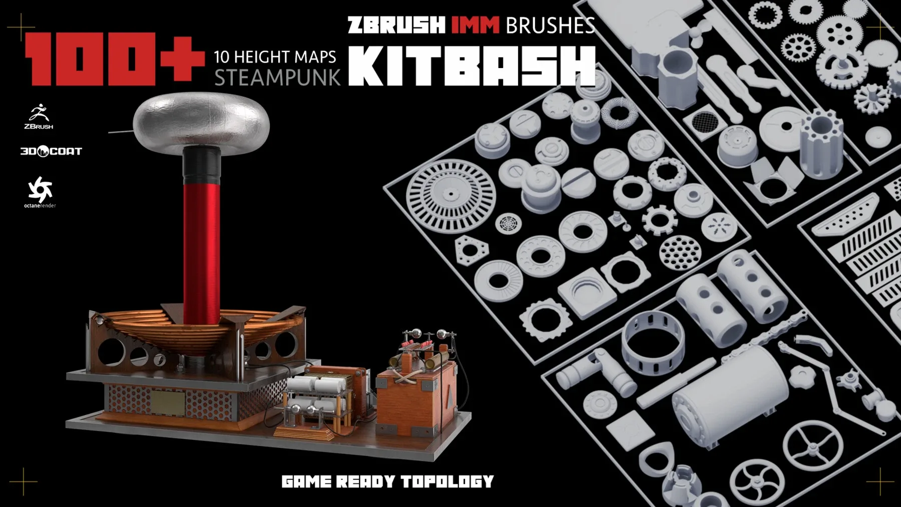 100+ Steampunk Kitbash Pack (Zbrush IMM Brushes) Game Ready Topology