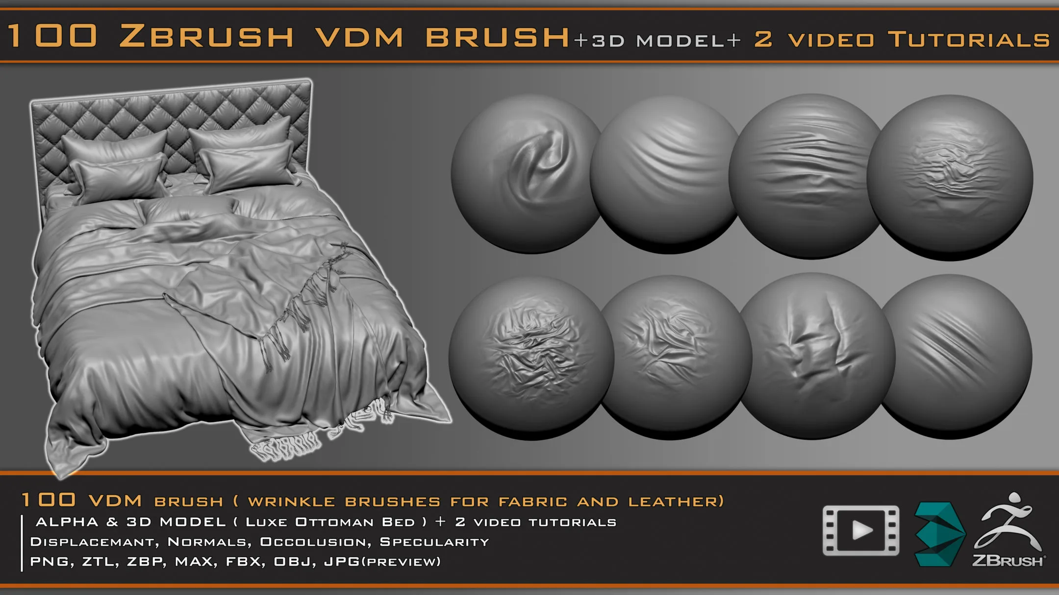 100 VDM Brushes , Wrinkle Brushes + 3D Model & 2 Video Tutorials