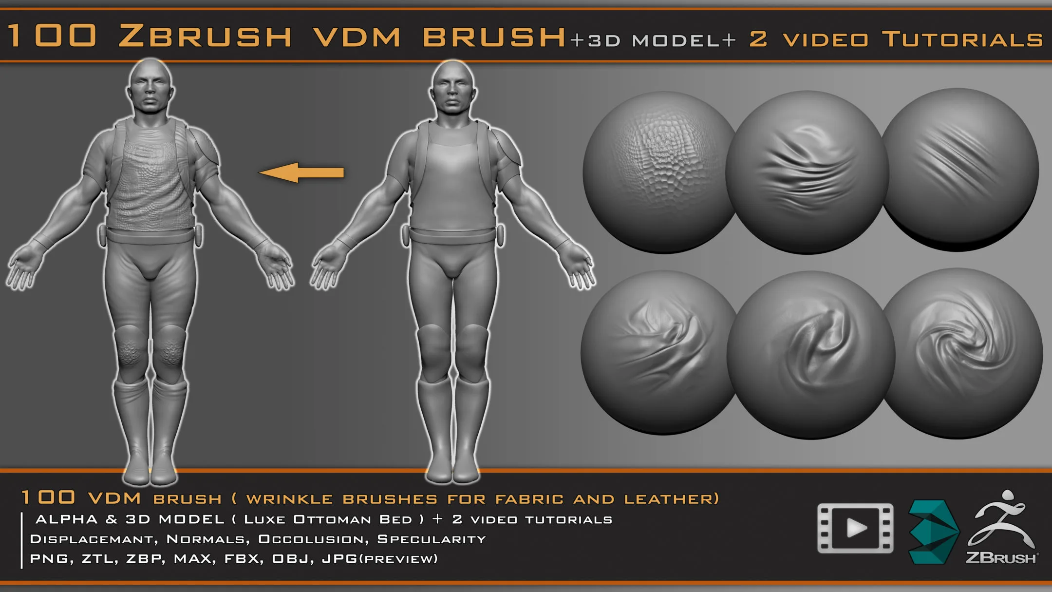 100 VDM Brushes , Wrinkle Brushes + 3D Model & 2 Video Tutorials