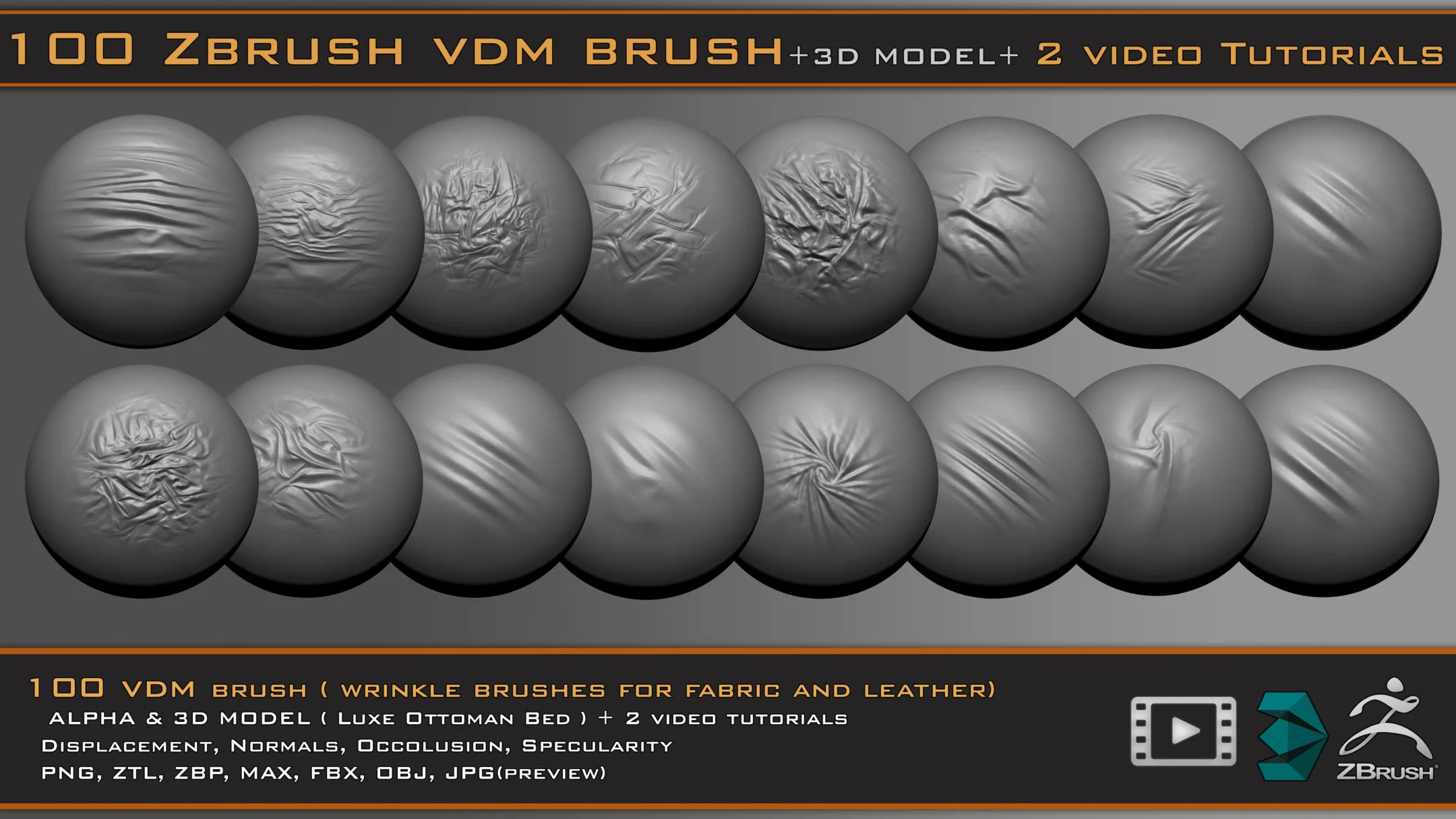 100 VDM Brushes , Wrinkle Brushes + 3D Model & 2 Video Tutorials