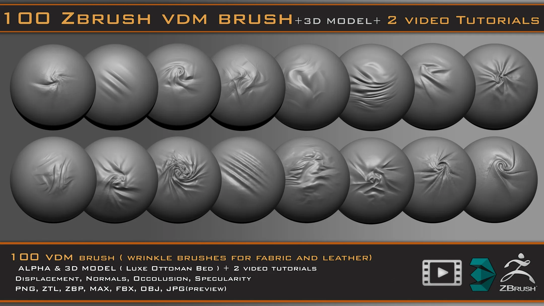 100 VDM Brushes , Wrinkle Brushes + 3D Model & 2 Video Tutorials
