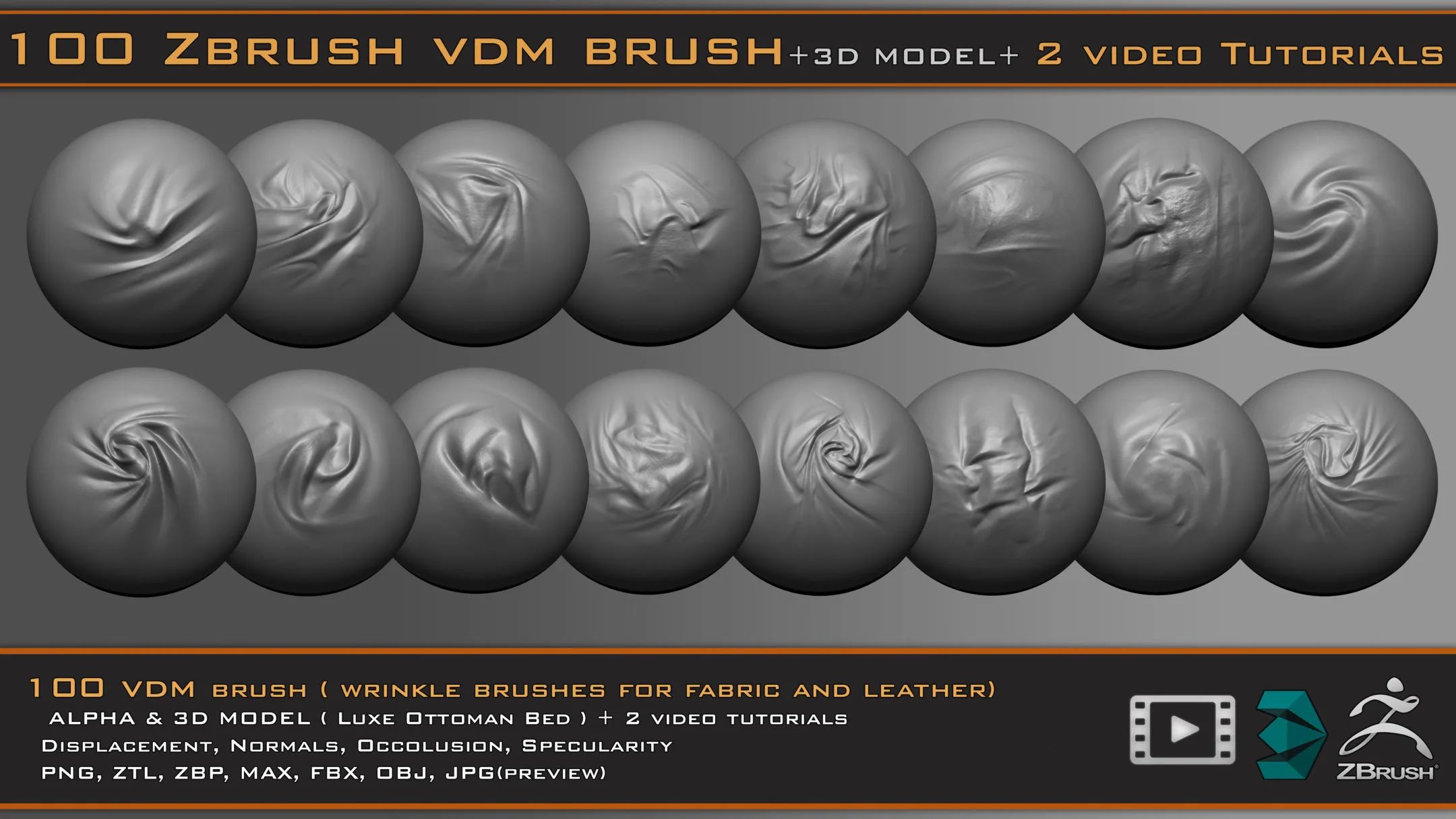 100 VDM Brushes , Wrinkle Brushes + 3D Model & 2 Video Tutorials