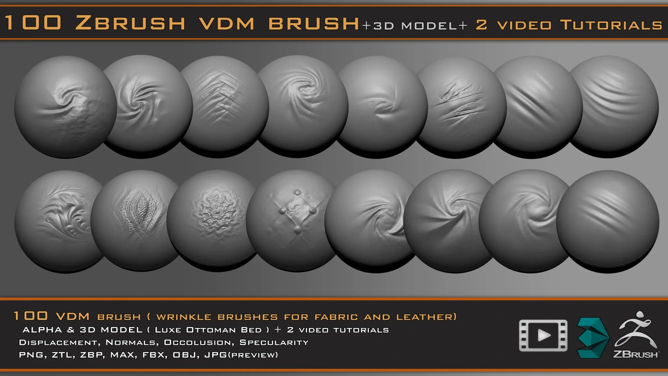100 VDM Brushes , Wrinkle Brushes + 3D Model & 2 Video Tutorials