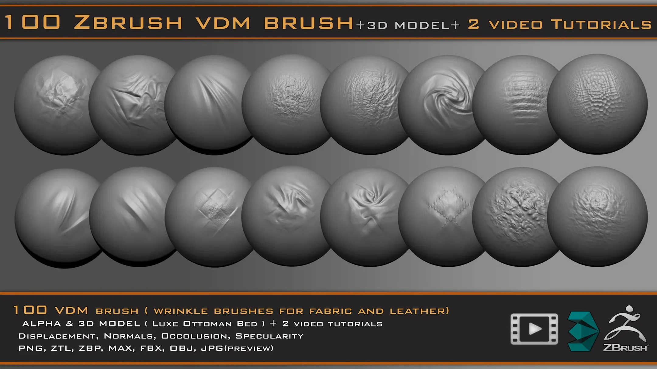 100 VDM Brushes , Wrinkle Brushes + 3D Model & 2 Video Tutorials