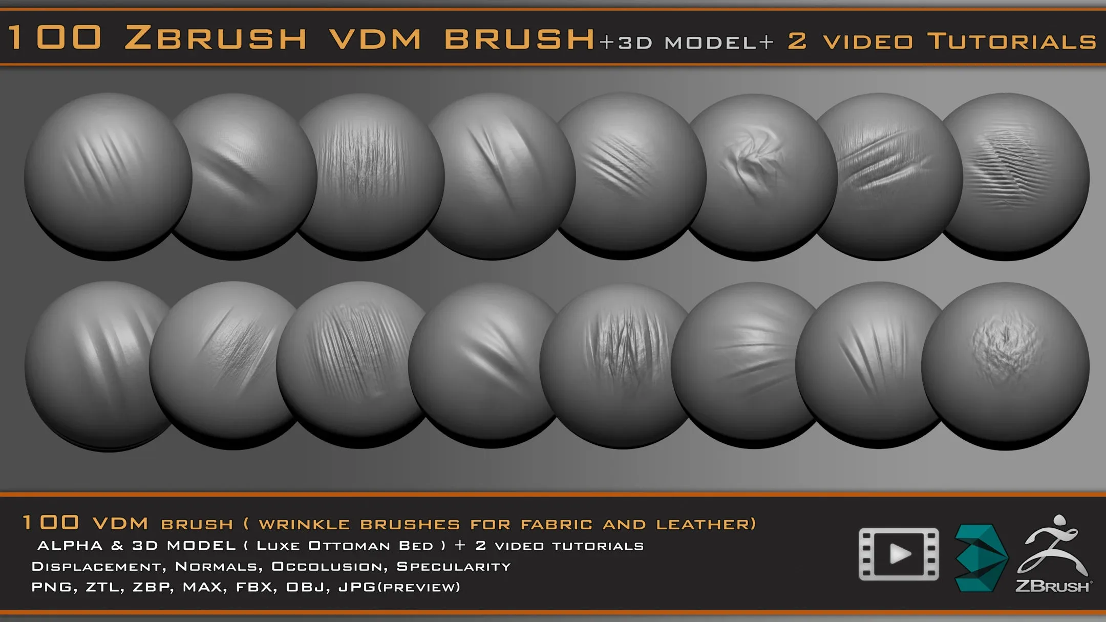 100 VDM Brushes , Wrinkle Brushes + 3D Model & 2 Video Tutorials