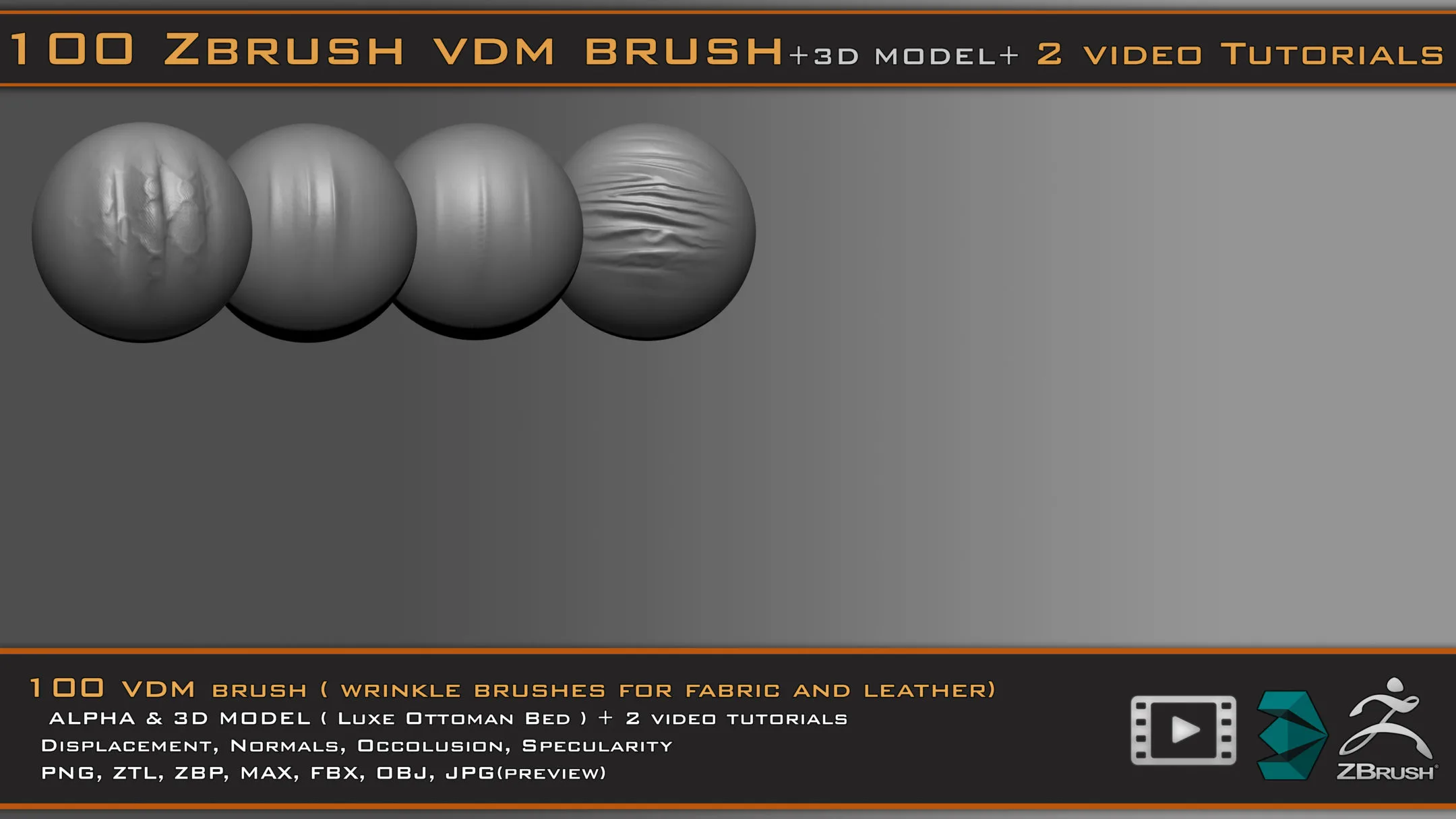 100 VDM Brushes , Wrinkle Brushes + 3D Model & 2 Video Tutorials