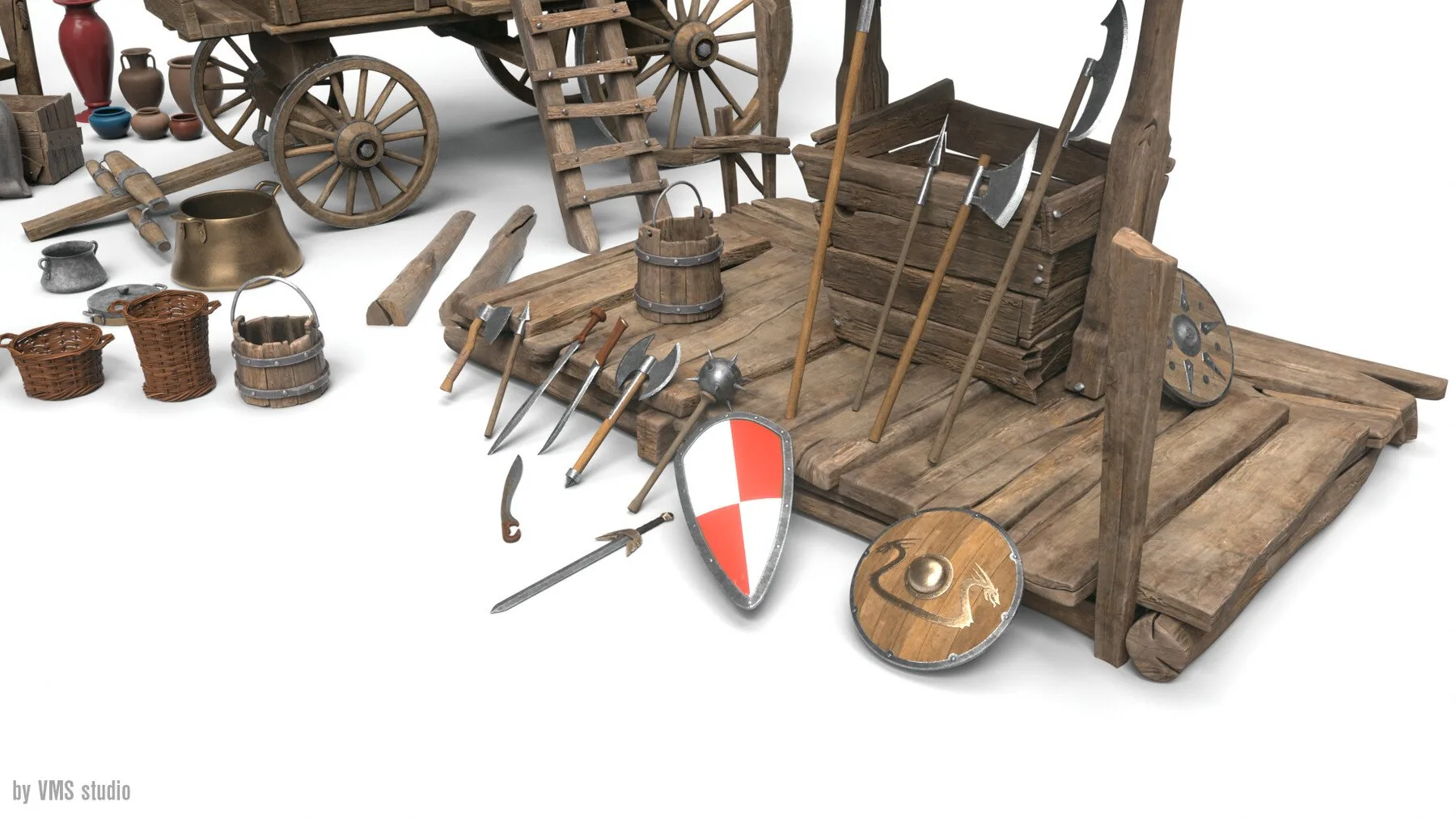 50+ Medieval Props Kitbash [Mid Topology / UV / PBR Textured]