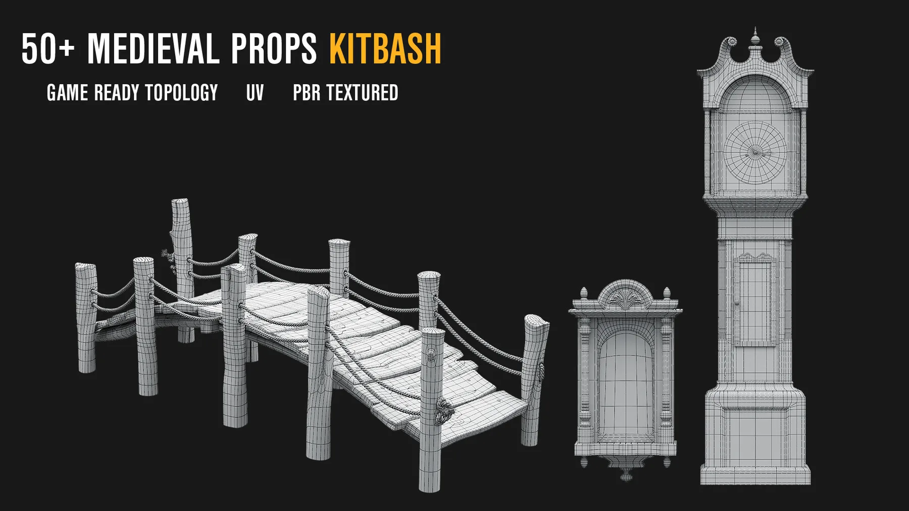 50+ Medieval Props Kitbash [Mid Topology / UV / PBR Textured]