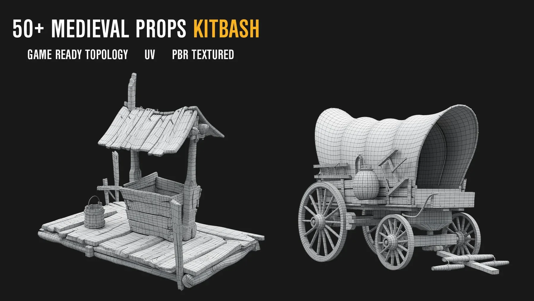 50+ Medieval Props Kitbash [Mid Topology / UV / PBR Textured]