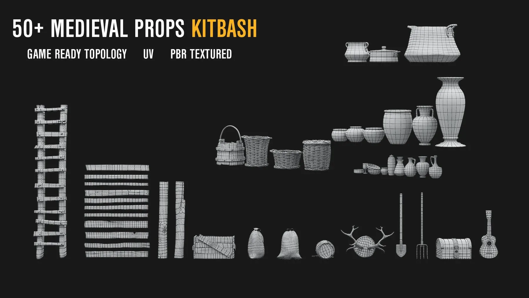 50+ Medieval Props Kitbash [Mid Topology / UV / PBR Textured]