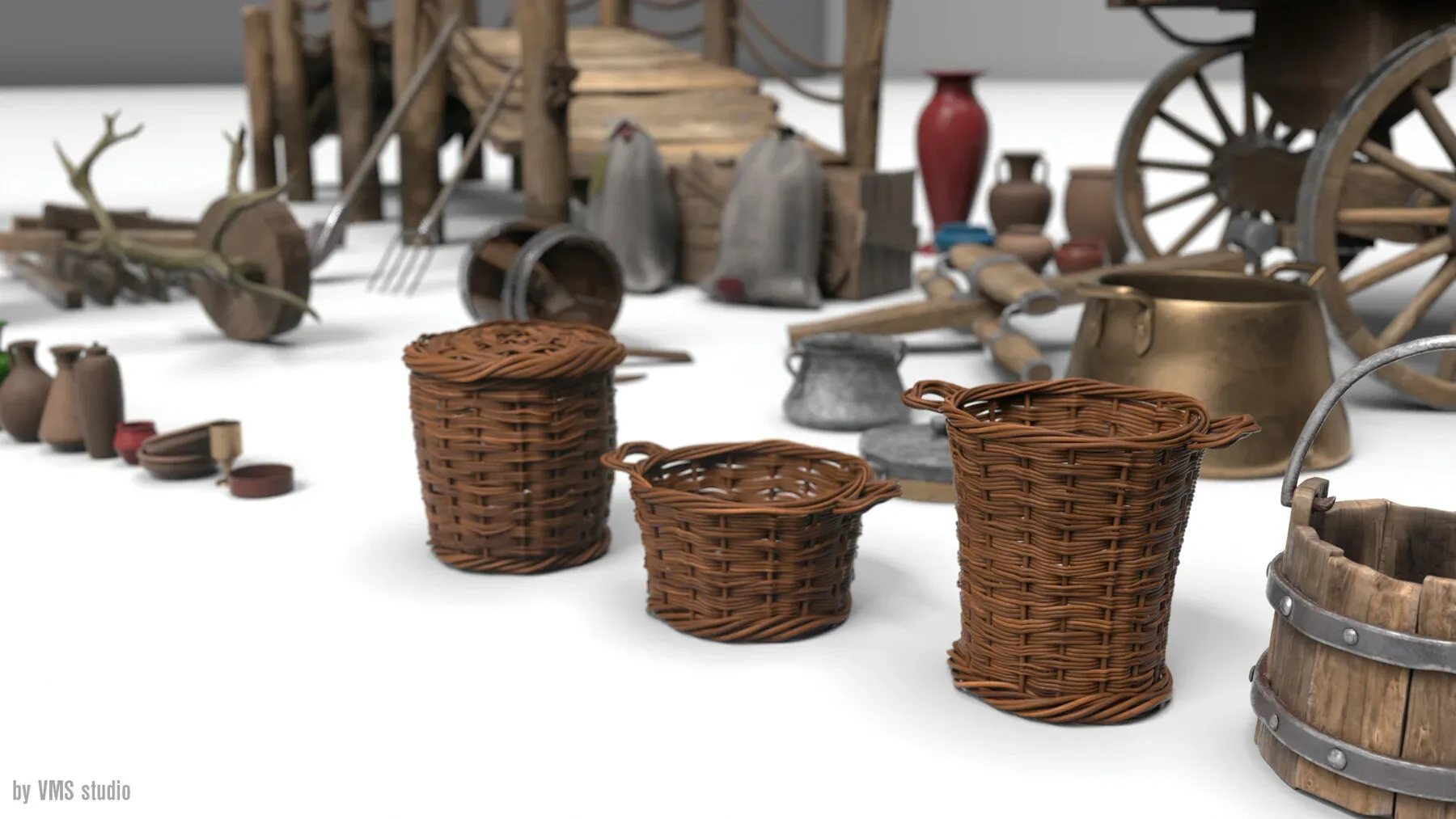 50+ Medieval Props Kitbash [Mid Topology / UV / PBR Textured]