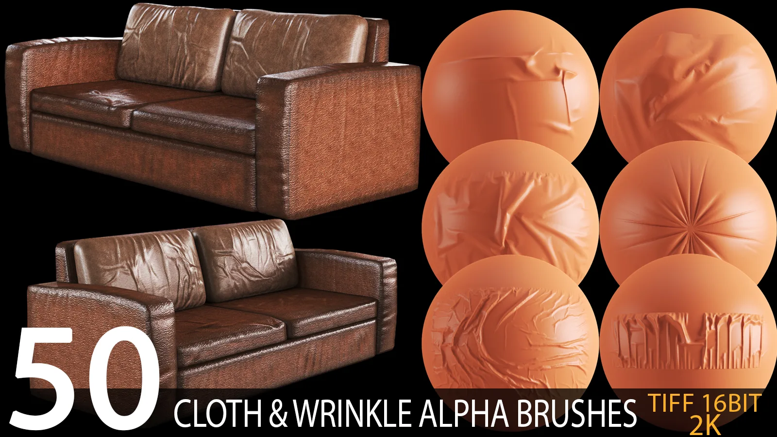 50 Cloth & Wrinkle Alpha Brush Bundle (Sofa & Furniture) 2K tiff 16bit