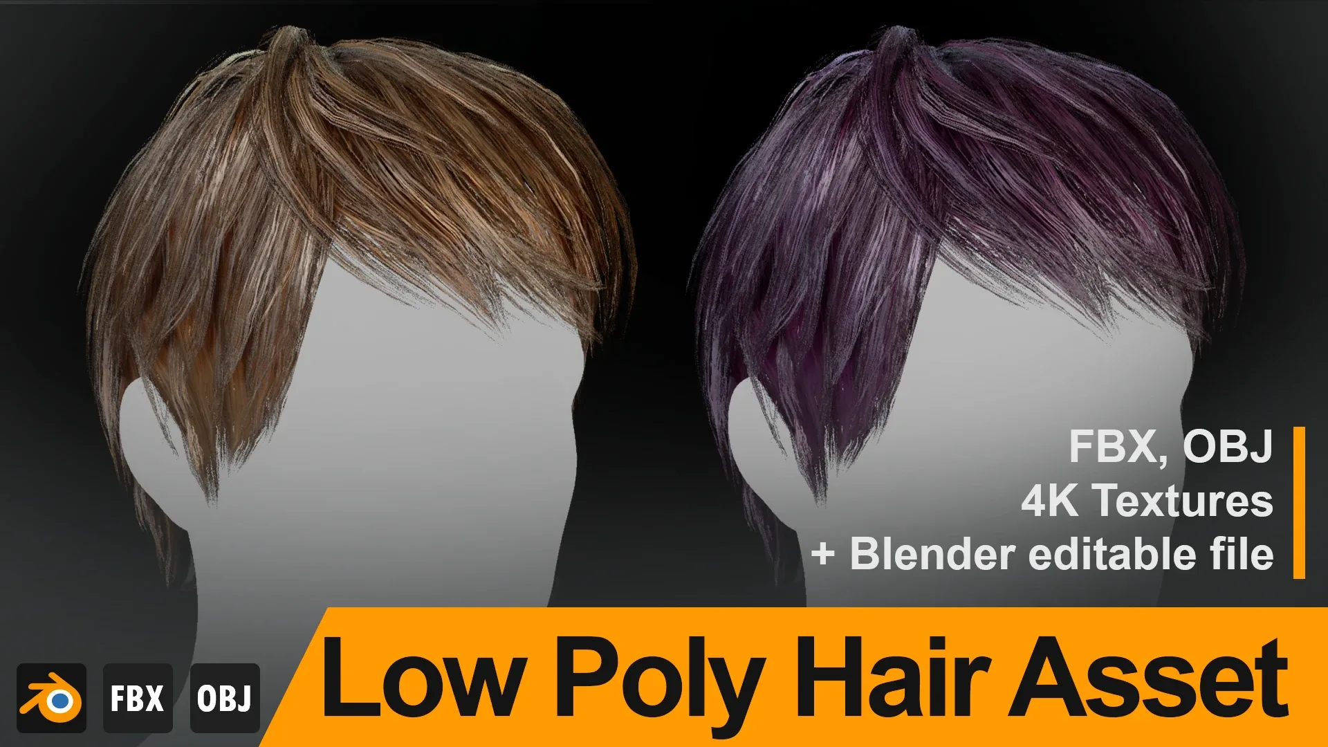 Low Poly Male Hair "Style M01" - FBX/OBJ + Blender source file, 4K Textures