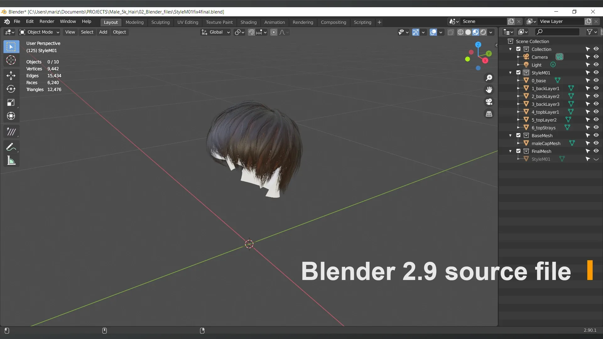 Low Poly Male Hair "Style M01" - FBX/OBJ + Blender source file, 4K Textures