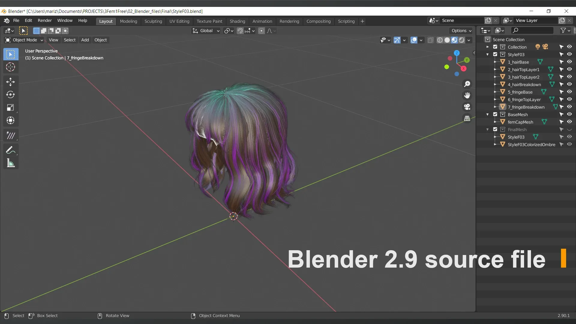 Low Poly Female Hair "Style F03" - FBX/OBJ + Blender source file, 4K Textures