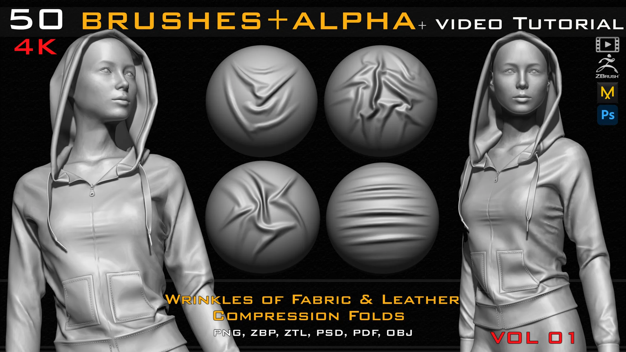 50 ZBrush Brush + Alpha (4K ) Fabric & Leather Compression Folds-Vol.01