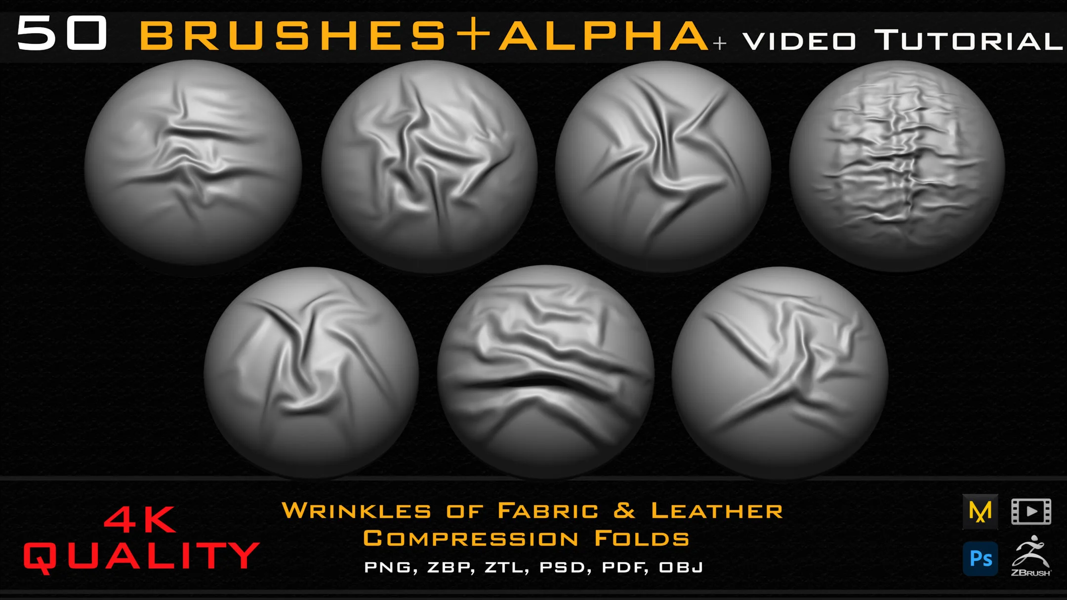 50 ZBrush Brush + Alpha (4K ) Fabric & Leather Compression Folds-Vol.01