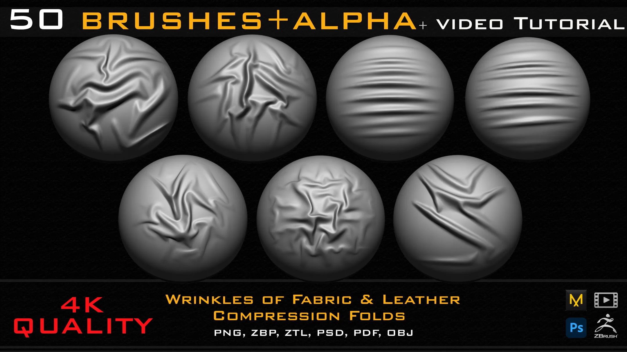 50 ZBrush Brush + Alpha (4K ) Fabric & Leather Compression Folds-Vol.01