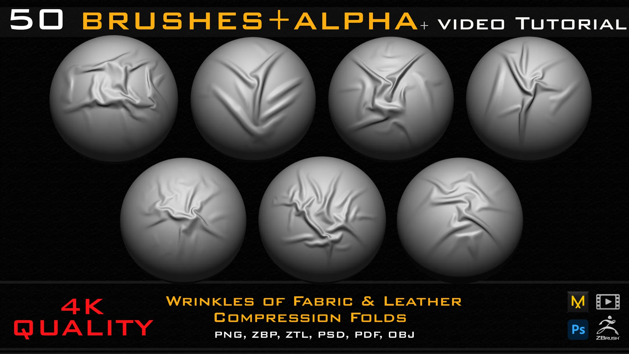 50 ZBrush Brush + Alpha (4K ) Fabric & Leather Compression Folds-Vol.01