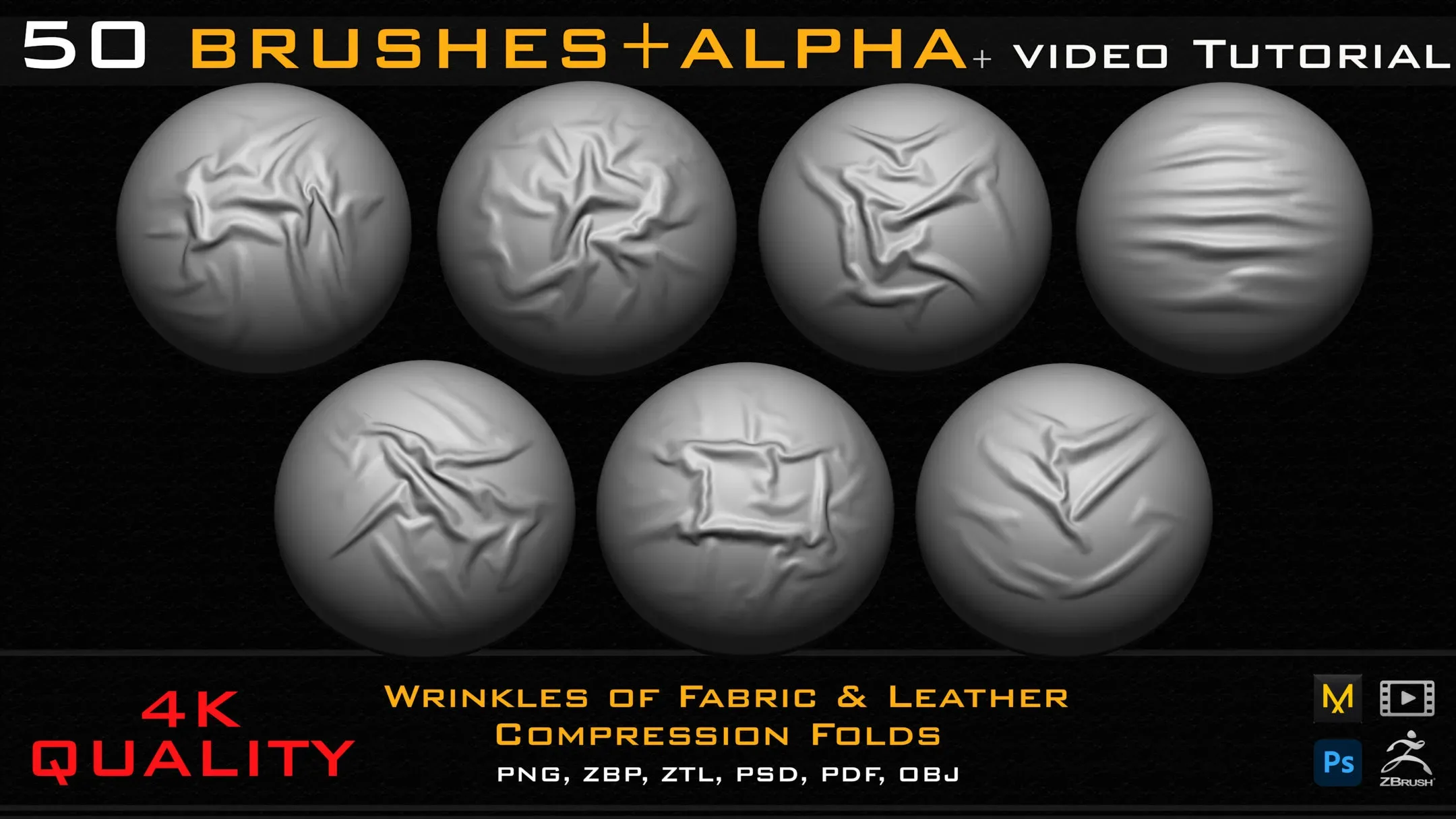 50 ZBrush Brush + Alpha (4K ) Fabric & Leather Compression Folds-Vol.01