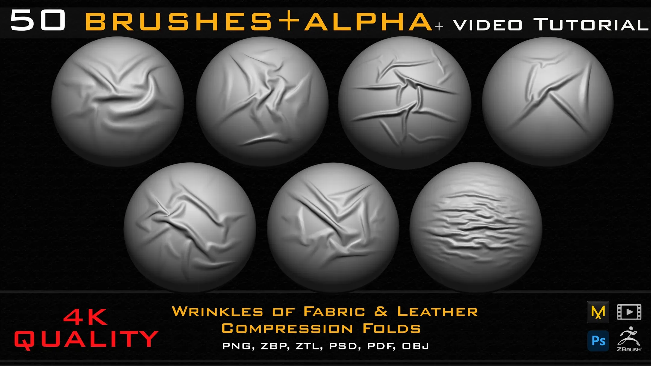 50 ZBrush Brush + Alpha (4K ) Fabric & Leather Compression Folds-Vol.01