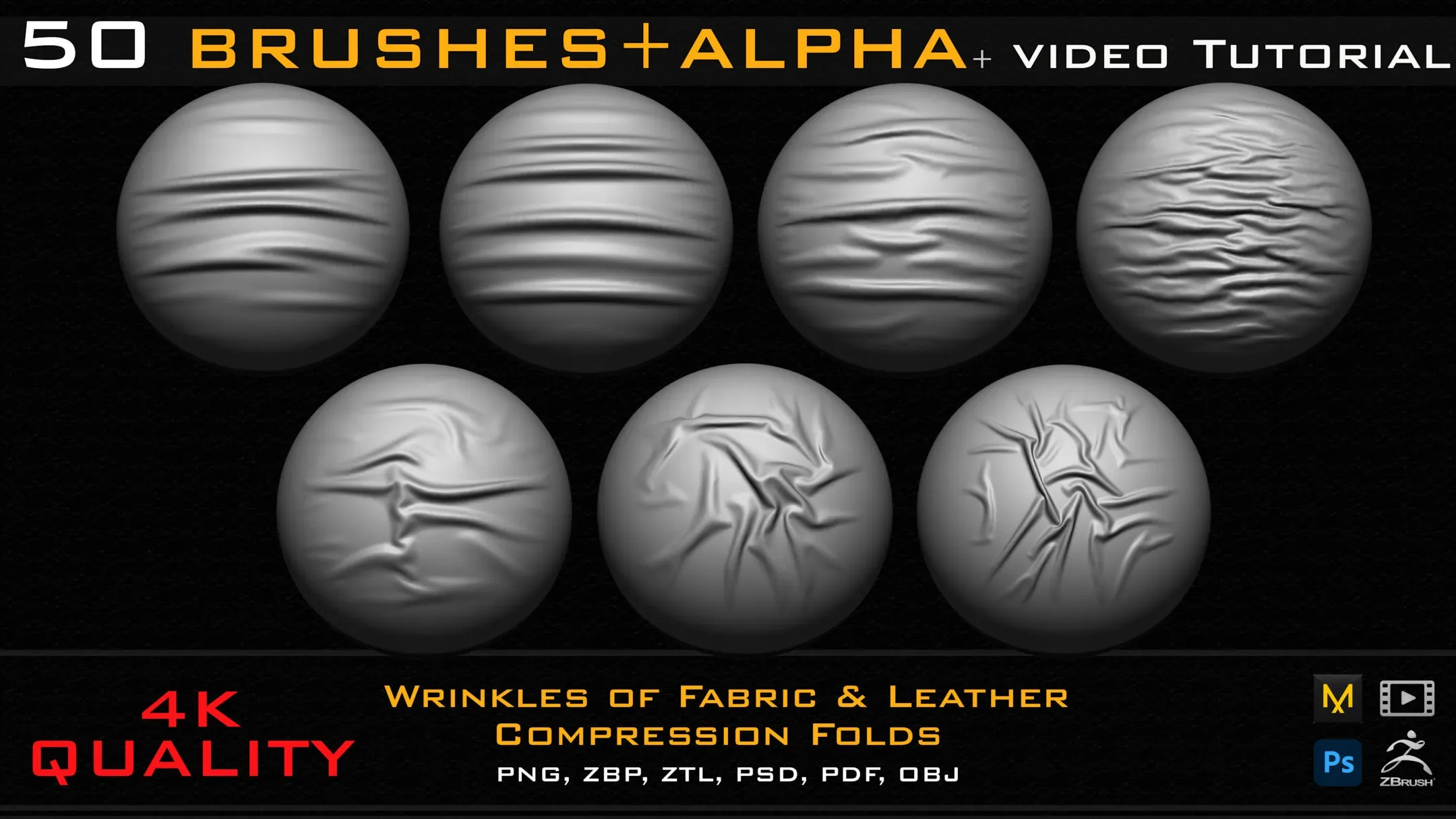 50 ZBrush Brush + Alpha (4K ) Fabric & Leather Compression Folds-Vol.01