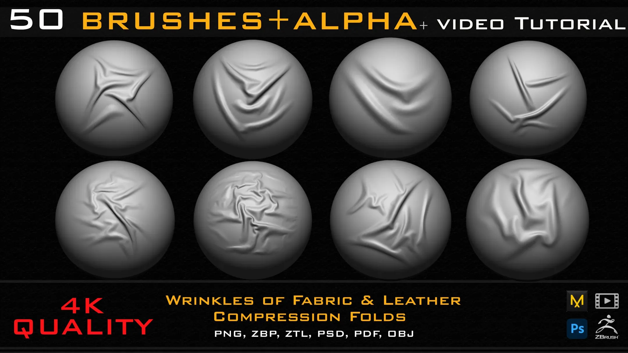 50 ZBrush Brush + Alpha (4K ) Fabric & Leather Compression Folds-Vol.01