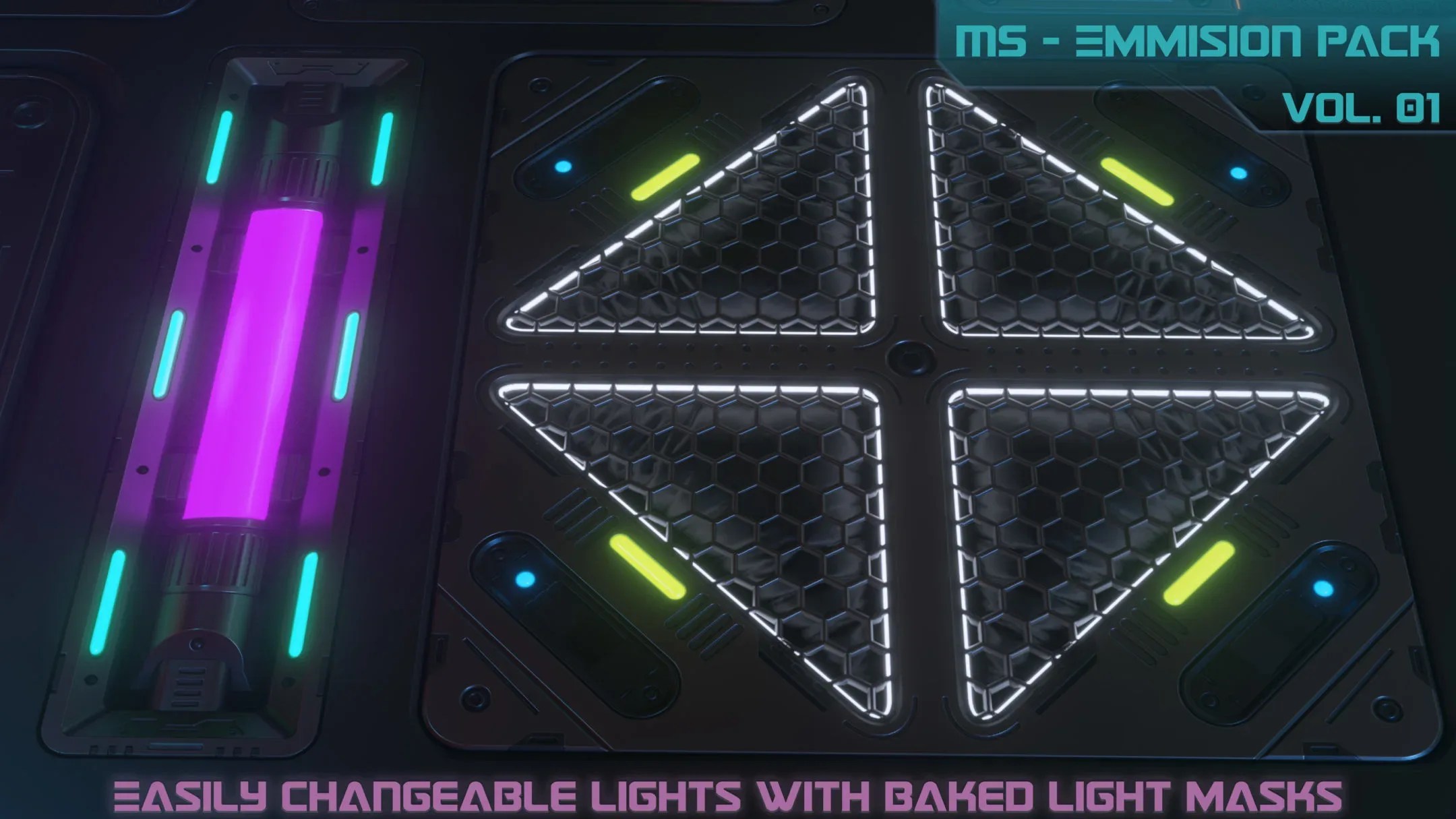 20 Sci-fi Emission Decal Pack, with BOUNCE light. Decal Machine 2.1 Ready + all baked maps!