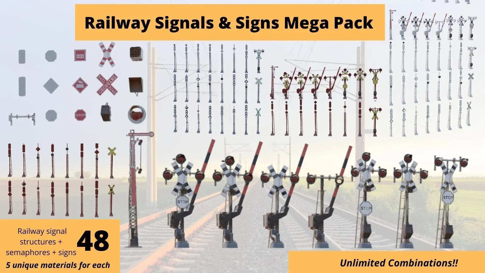 48 Pcs Railway Signals & Signs Mega Pack - Low Poly VR Ready Low-poly 3D Model