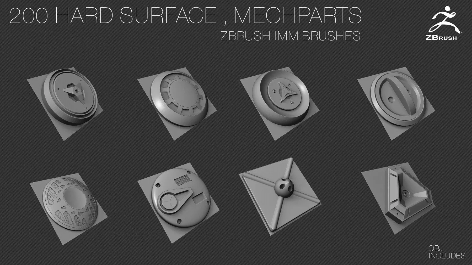 200 HARD SURFACE ZBrush IMM Brushes [OBJ] [MID TOPOLOGY] + ALPHAS [NORMAL , AO] Maps