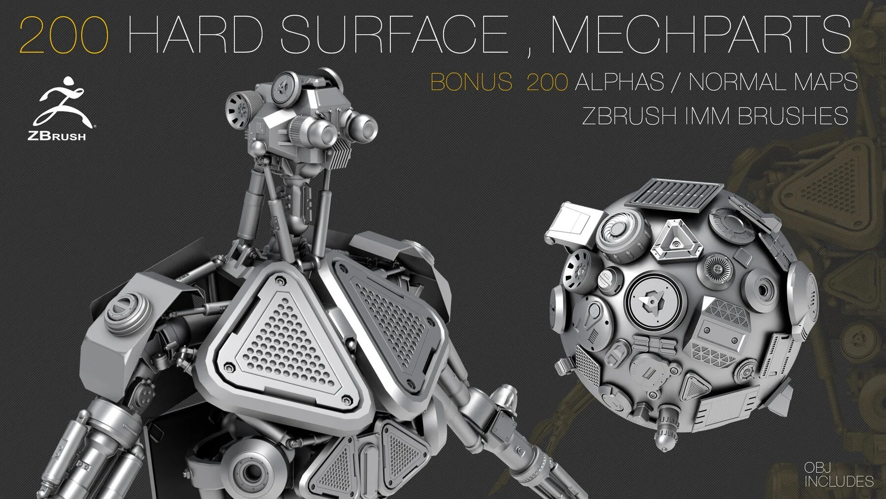 200 HARD SURFACE ZBrush IMM Brushes [OBJ] [MID TOPOLOGY] + ALPHAS [NORMAL , AO] Maps