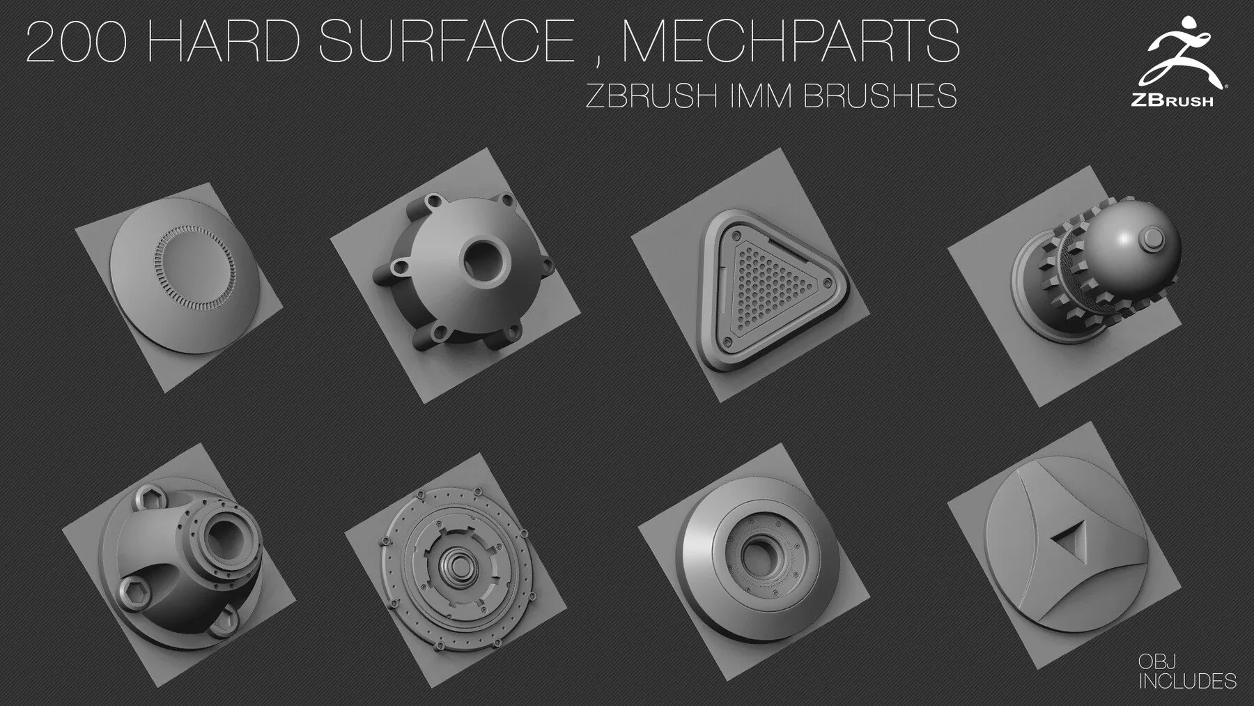 200 HARD SURFACE ZBrush IMM Brushes [OBJ] [MID TOPOLOGY] + ALPHAS [NORMAL , AO] Maps