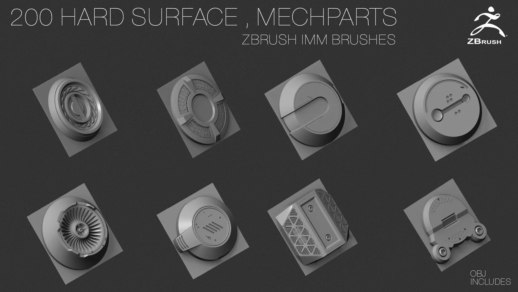 200 HARD SURFACE ZBrush IMM Brushes [OBJ] [MID TOPOLOGY] + ALPHAS [NORMAL , AO] Maps