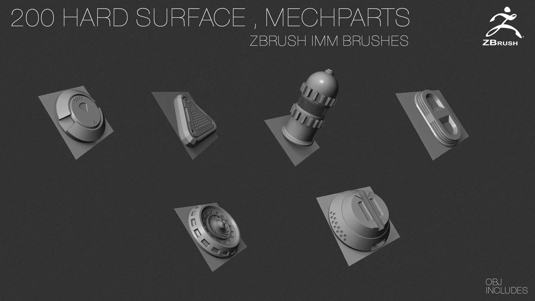 200 HARD SURFACE ZBrush IMM Brushes [OBJ] [MID TOPOLOGY] + ALPHAS [NORMAL , AO] Maps