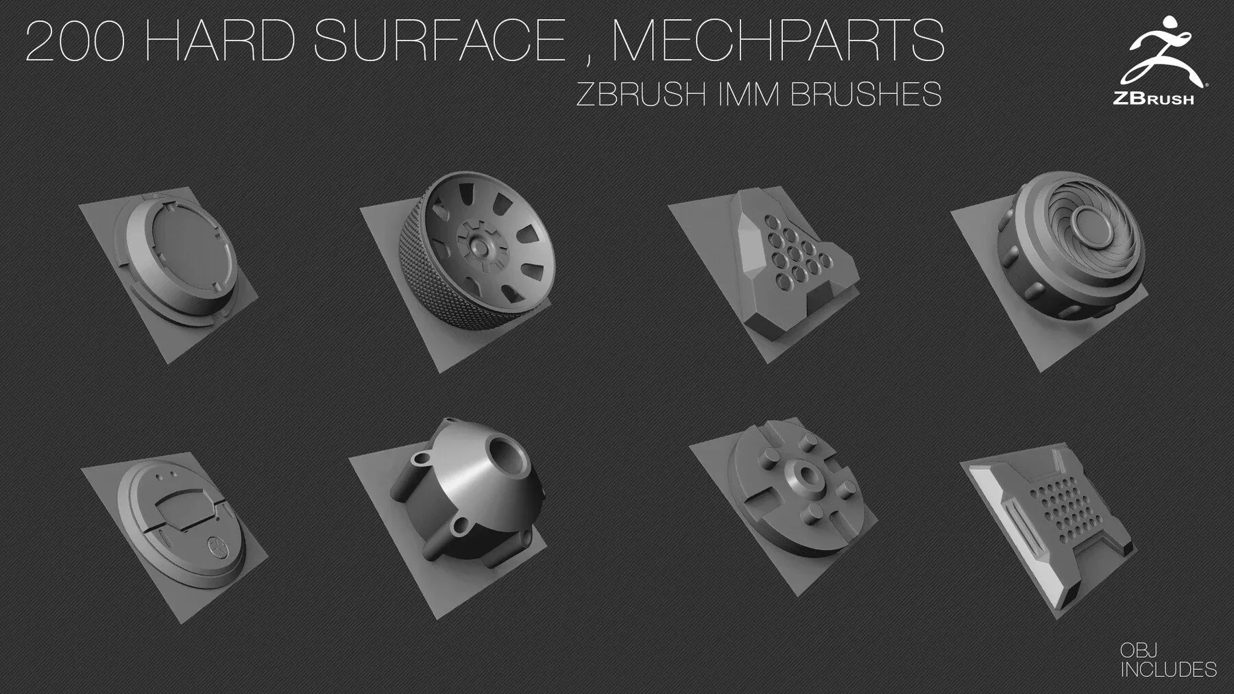 200 HARD SURFACE ZBrush IMM Brushes [OBJ] [MID TOPOLOGY] + ALPHAS [NORMAL , AO] Maps