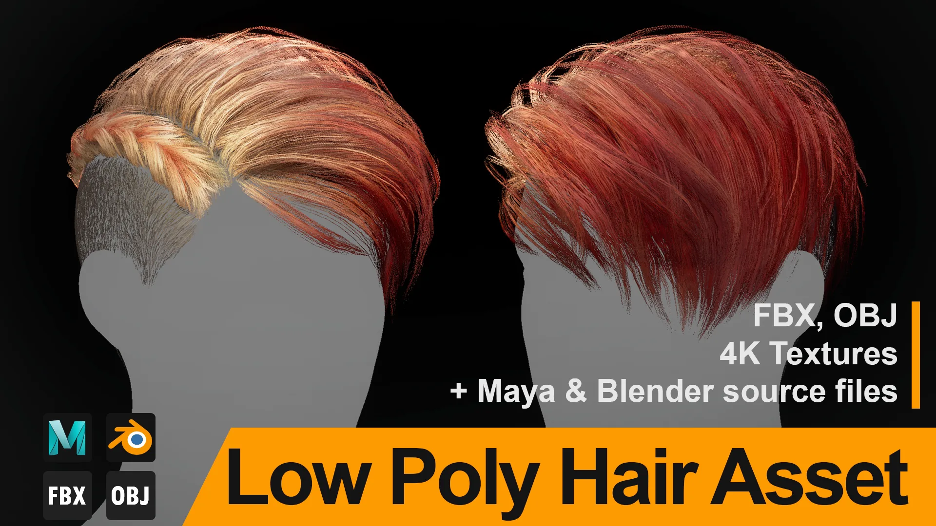 Low Poly Hair "Charlize" - FBX/OBJ + Maya, Blender source file, 4K Textures