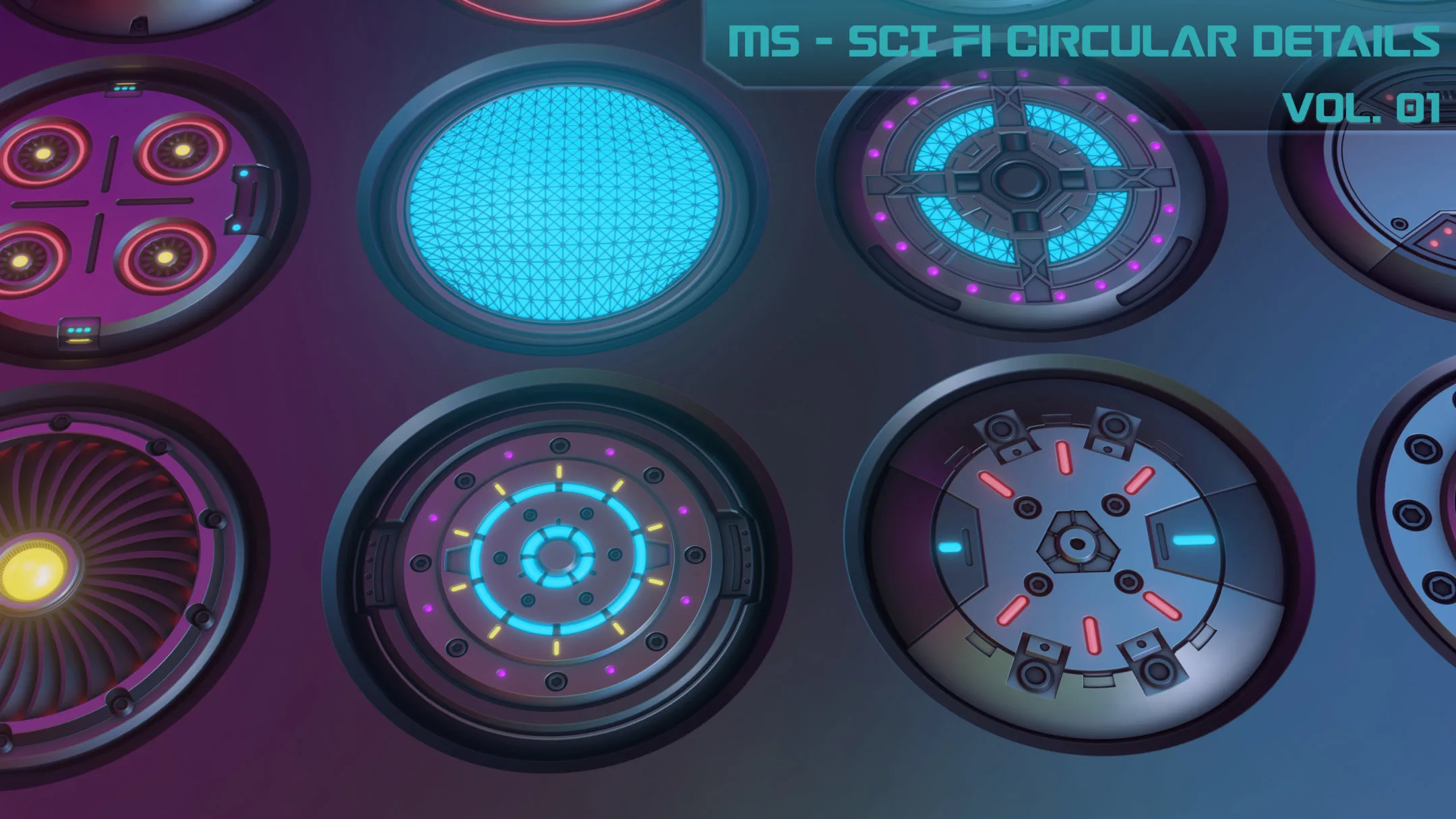20 Sci-fi Circular Emission Decal Pack, with BOUNCE light. Decal Machine 2.1 Ready, 2048 RESOLUTION!!!