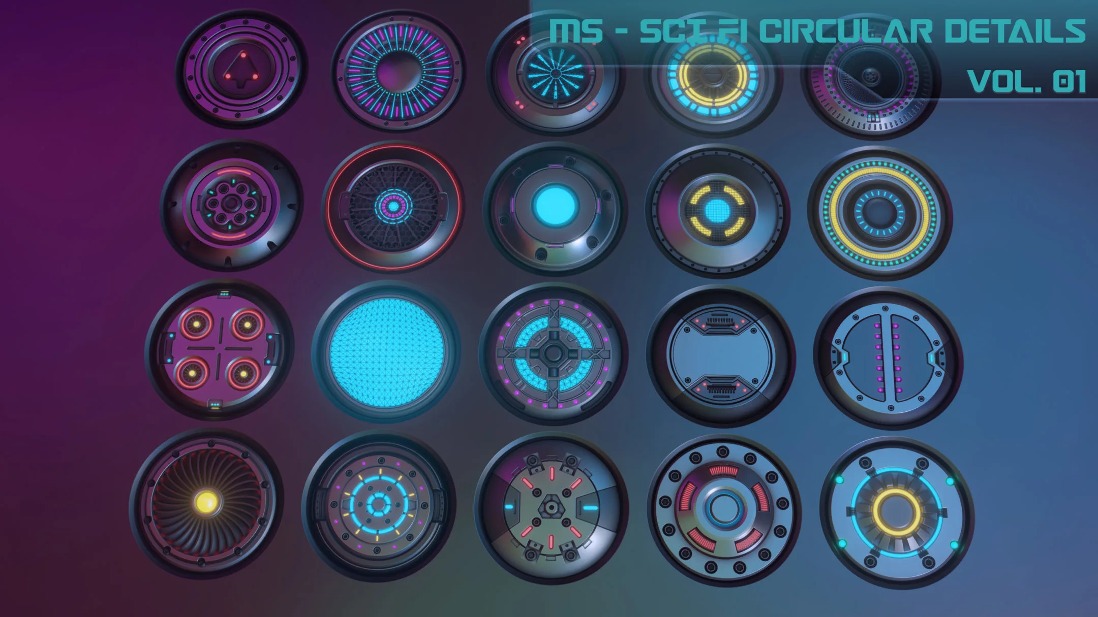 20 Sci-fi Circular Emission Decal Pack, with BOUNCE light. Decal Machine 2.1 Ready, 2048 RESOLUTION!!!