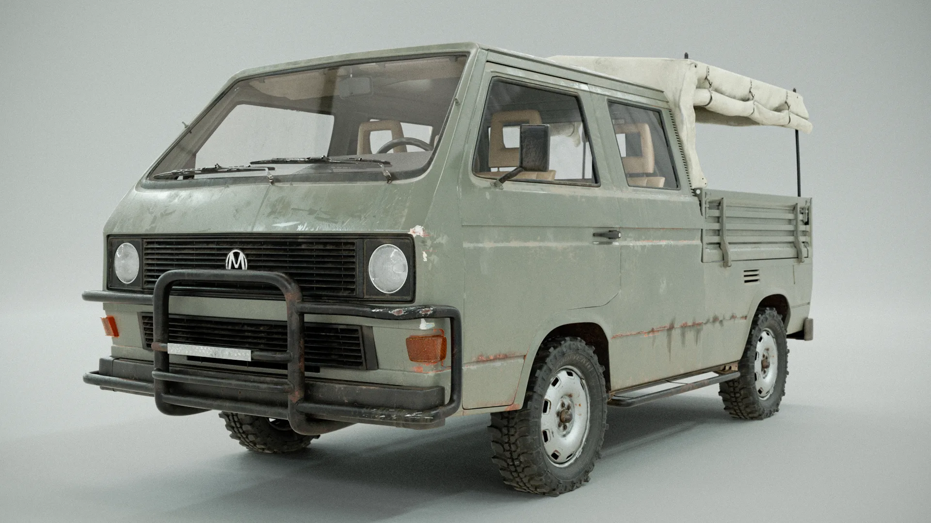 PBR 3D Model - Volkswagen T3 - Army Car Project. High poly, 32 UDIMs. Dirty & Clean Textures.