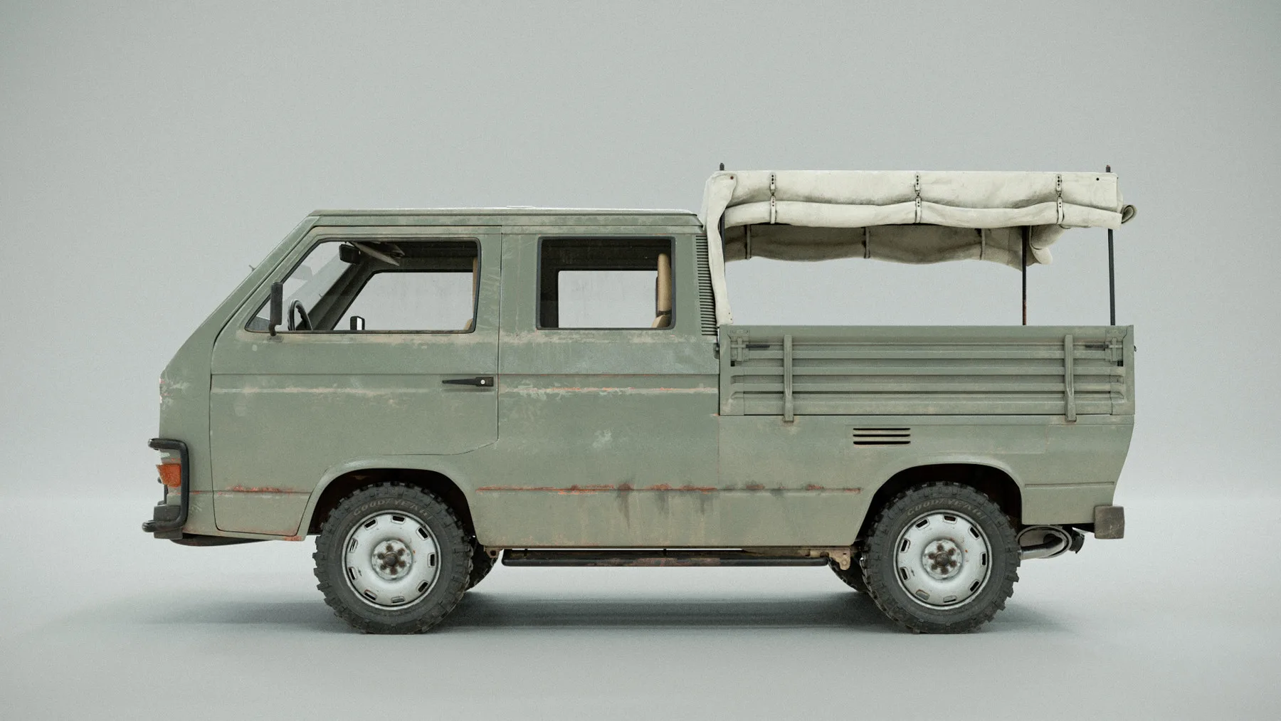 PBR 3D Model - Volkswagen T3 - Army Car Project. High poly, 32 UDIMs. Dirty & Clean Textures.