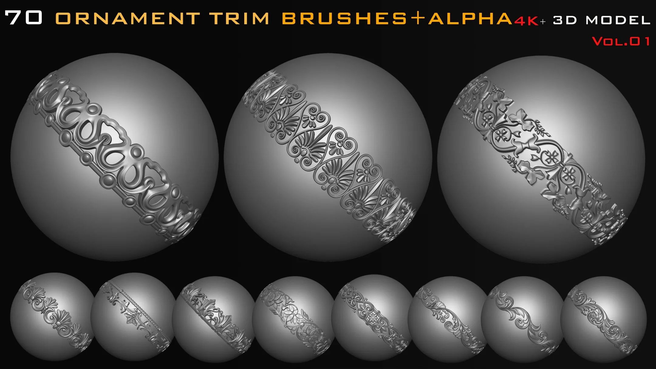 70 Ornament Trim Brushes+3D Model+ Alpha (4k) - Vol 01