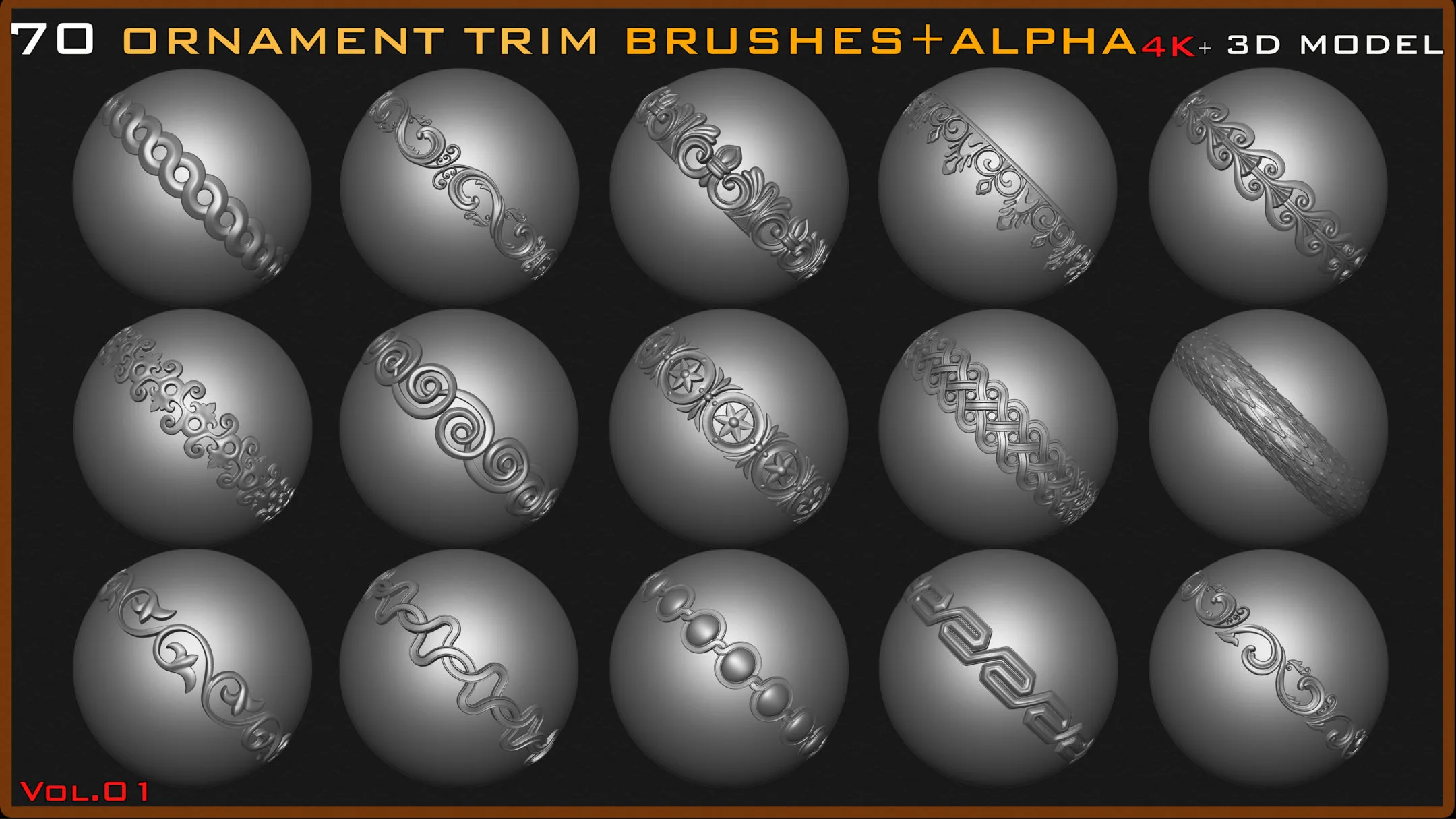 70 Ornament Trim Brushes+3D Model+ Alpha (4k) - Vol 01