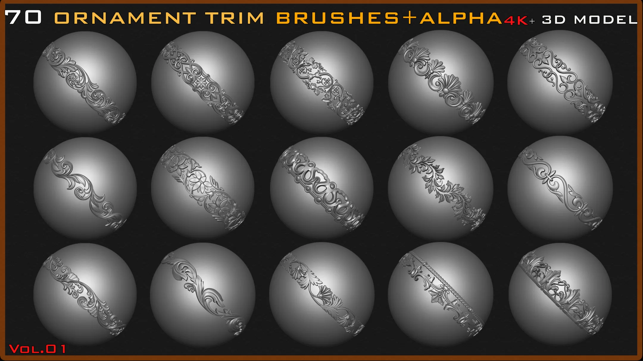 70 Ornament Trim Brushes+3D Model+ Alpha (4k) - Vol 01