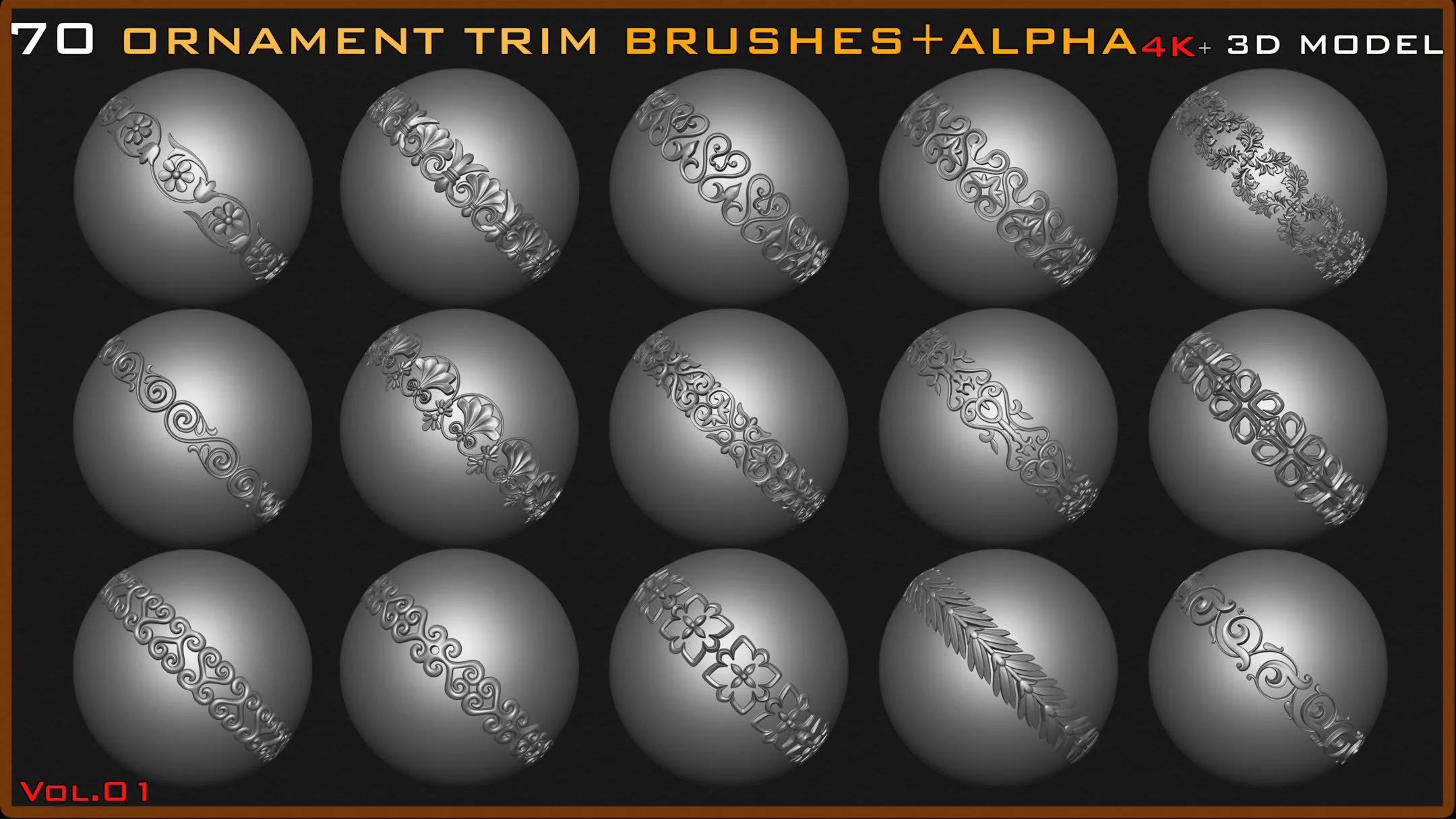 70 Ornament Trim Brushes+3D Model+ Alpha (4k) - Vol 01