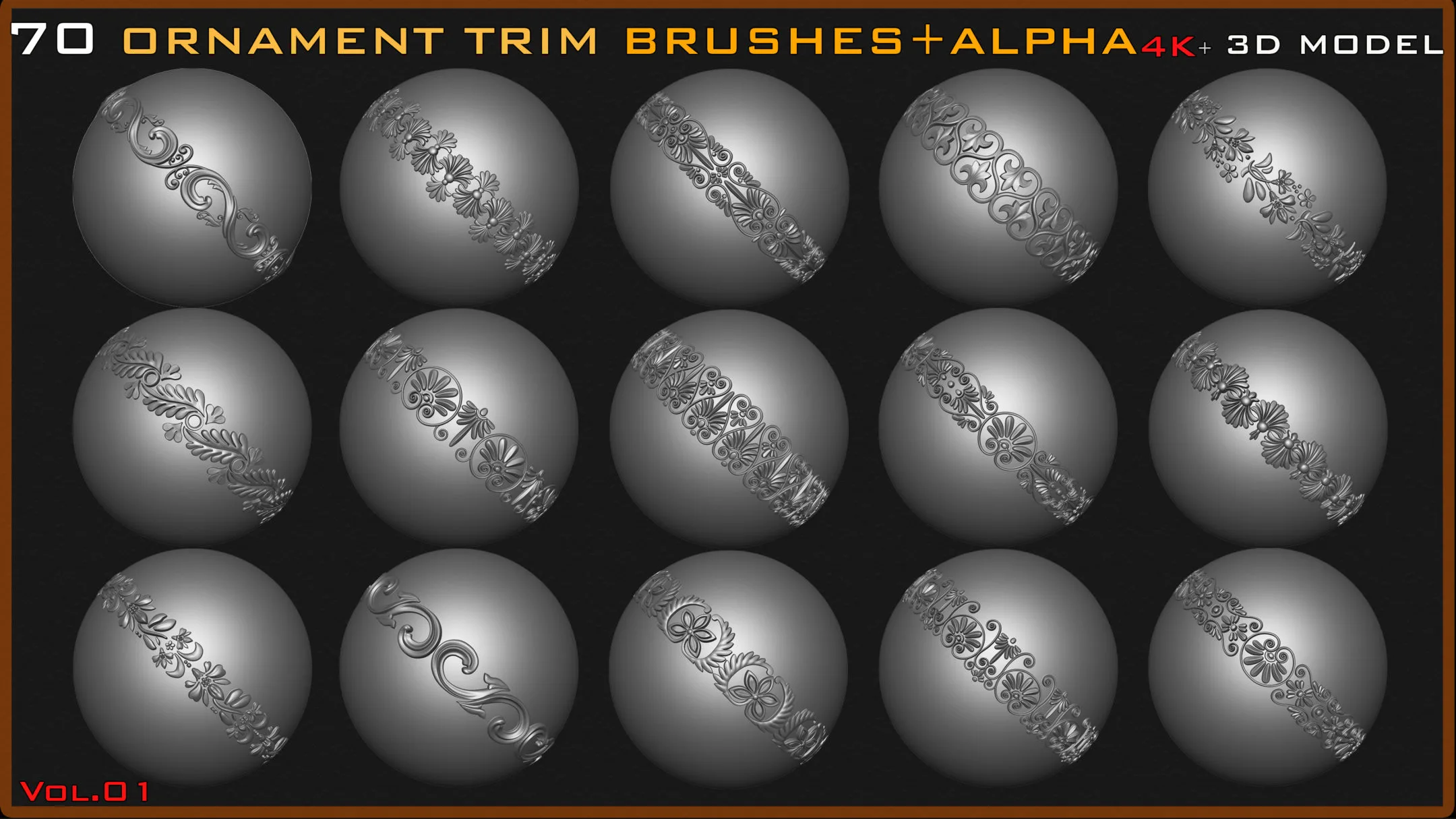 70 Ornament Trim Brushes+3D Model+ Alpha (4k) - Vol 01