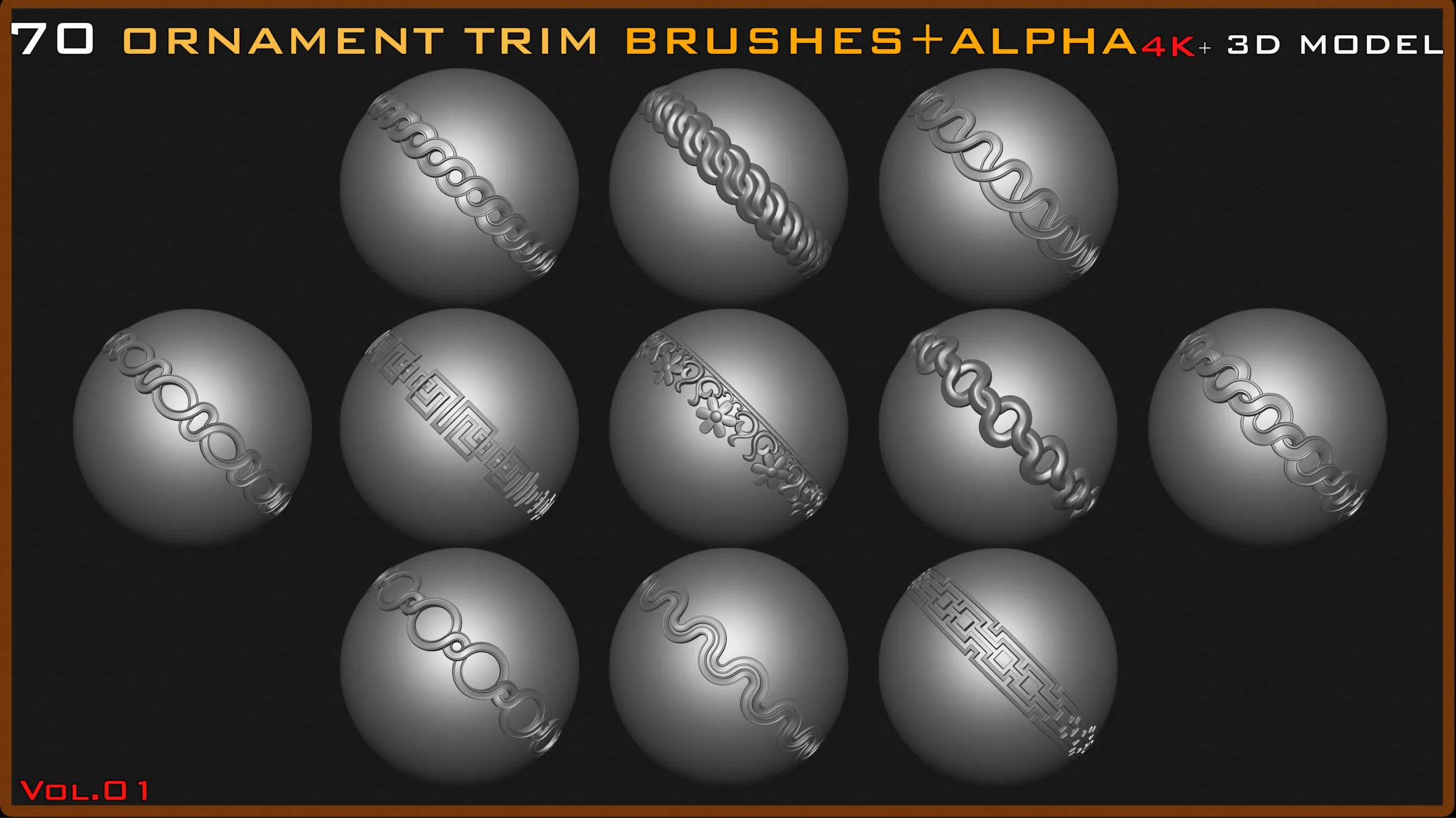 70 Ornament Trim Brushes+3D Model+ Alpha (4k) - Vol 01