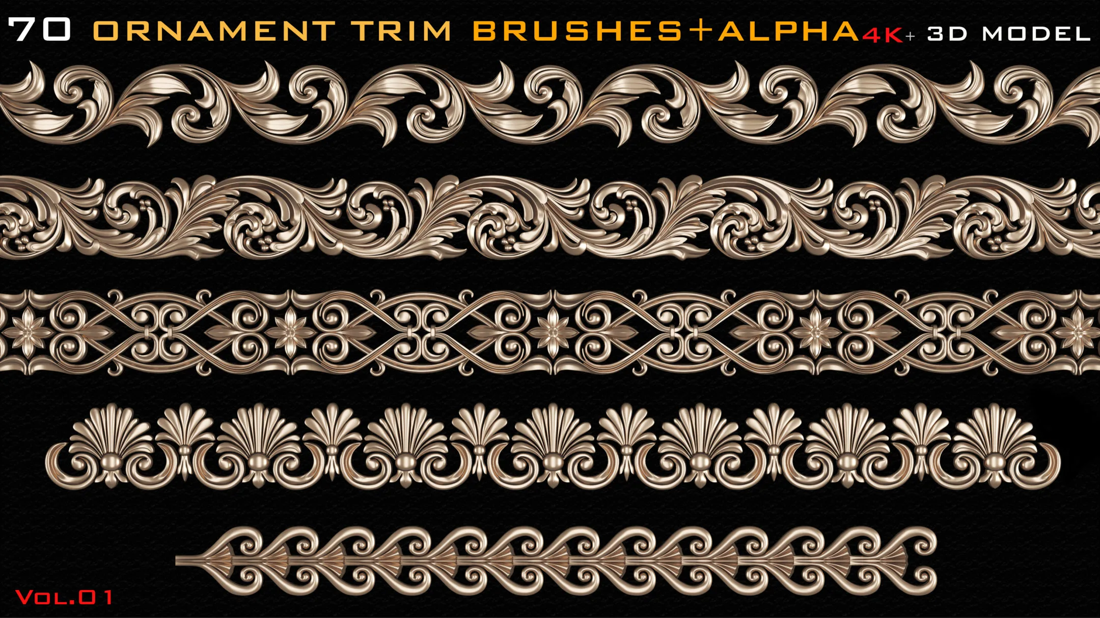 70 Ornament Trim Brushes+3D Model+ Alpha (4k) - Vol 01