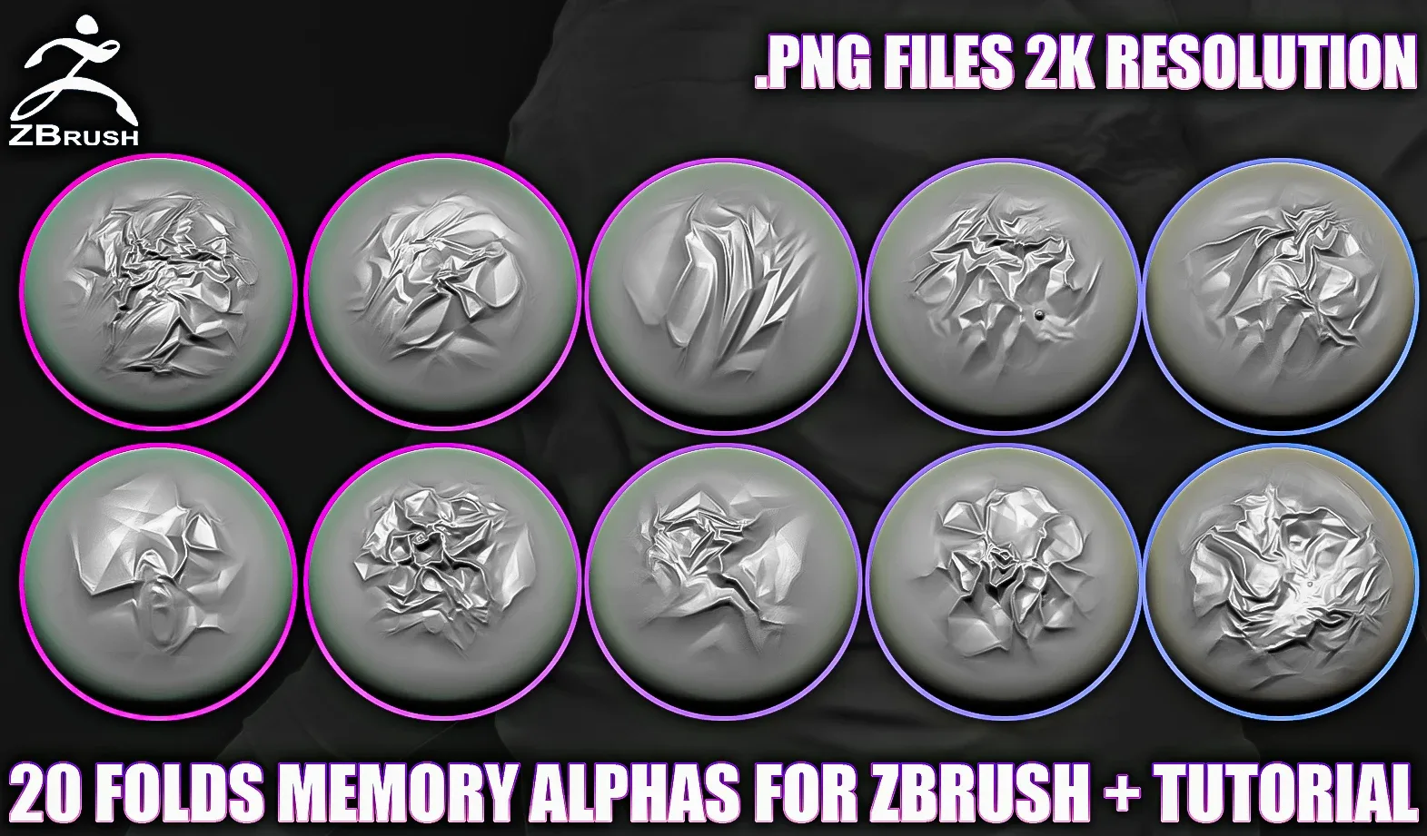 20 Folds Memory Alphas for ZBrush (2K, PNG)