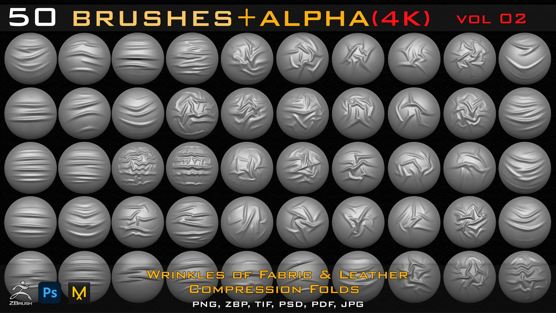 50 ZBrush Brush + Alpha (4K ) ,Fabric and Leather Compression Folds- Vol 02