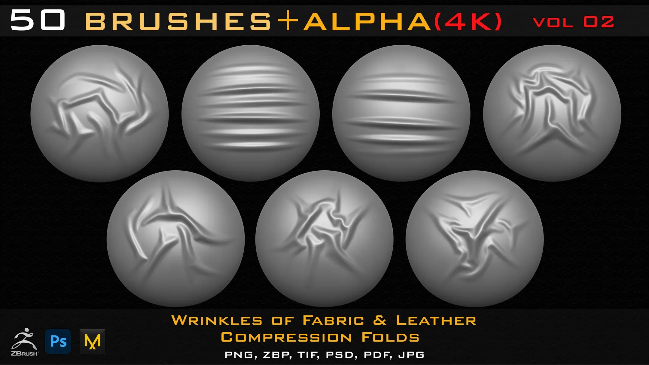 50 ZBrush Brush + Alpha (4K ) ,Fabric and Leather Compression Folds- Vol 02